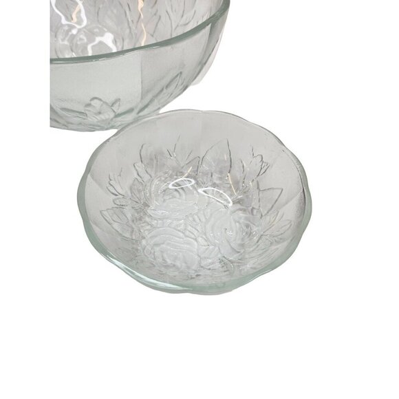 Vintage Glass Rose Pattern Chip and Dip Bowl Set Rose Embossed 9” Serving Bowl - Picture 8 of 11